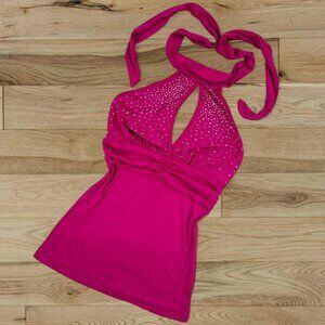 SOLD ON DEPOP
 Y2K ENTRO hot pink bedazzled halter top